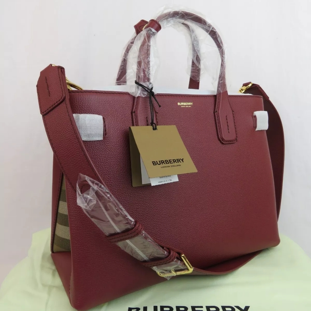 $1790 BURBERRY MD BANNER CRIMSON LEATHER CHECK CANVAS SHOULDER MEDIUM TOTE BAG